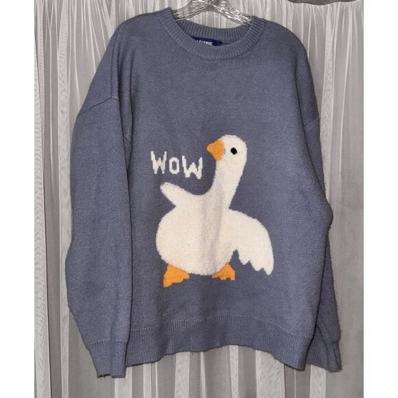 Elfric Eden "Wow" Goose Graphic Sweater XL Blue Knit Pullover Casual Unisex stre - Picture 4 of 9